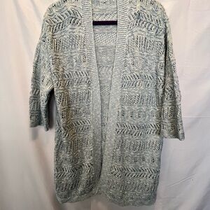 Women's Light Blue and White Open-Front 3/4 Sleeve Sweater